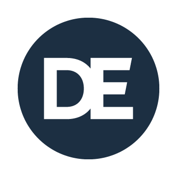DirectEmployers 1-color icon logo in DE black on white background