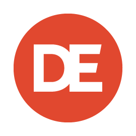 DirectEmployers DE red icon logo on DE black background