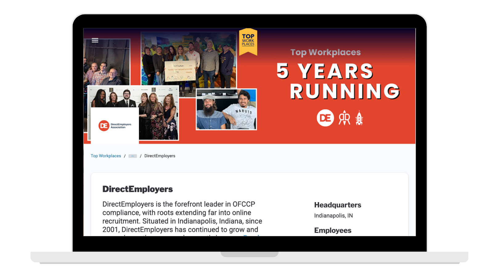 Screenshot of DirectEmployers' Top Workplaces of Central Indiana profile with various photos of staff and text, '5 Years Running'