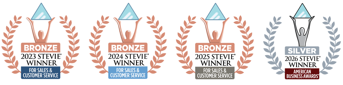 Image depicting four Stevie awards – three bronze for Sales & Customer Service (2023–2025) and one silver for American Business Awards (2026)