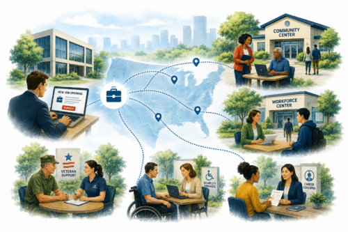 Illustration showing job opportunities distributed from an employer across the United States to community centers, workforce organizations, veteran support services, disability services, and local career coaching partners.