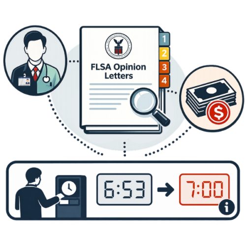 Infographic summarizing four FLSA opinion letters covering dual-role employees, bonus calculations, meal-break guidance, and timekeeping practices.