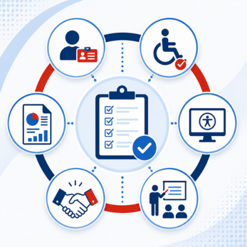 Framework graphic illustrating key components of a Section 503 compliance and disability inclusion program, including self-identification, accommodations, accessibility, training, partnerships, and reporting.