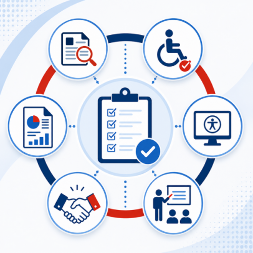 Framework graphic illustrating key components of a Section 503 compliance and disability inclusion program, including accommodations, accessibility, training, partnerships, job requirements, and reporting.