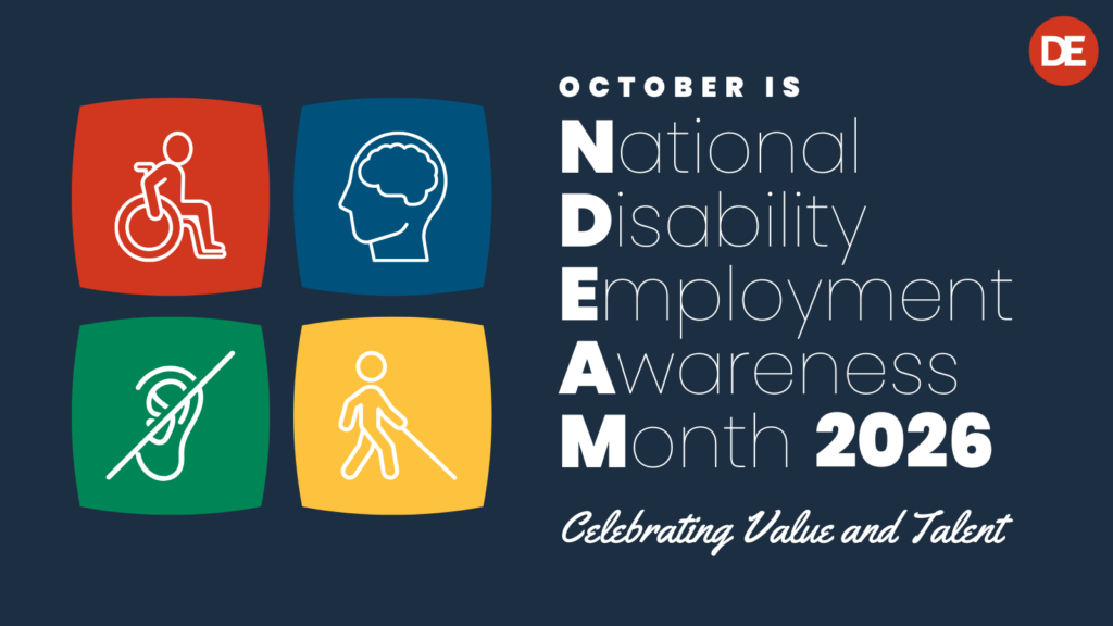Graphic promoting National Disability Employment Awareness Month (NDEAM) 2026 featuring icons representing mobility, cognitive disabilities, hearing impairments, and visual impairments alongside the message “Celebrating Value and Talent.”
