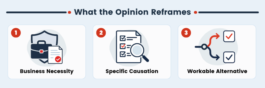 Three-panel graphic outlining what the DOJ opinion reframes: business necessity, specific causation, and workable alternative.