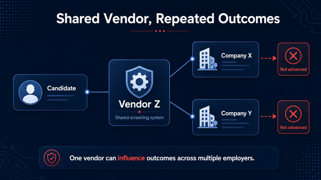 Diagram titled “Shared Vendor, Repeated Outcomes,” showing one candidate connected to a shared screening vendor and four companies, with repeated “not advanced” outcomes illustrating how the same hiring system can produce similar results across multiple employers.