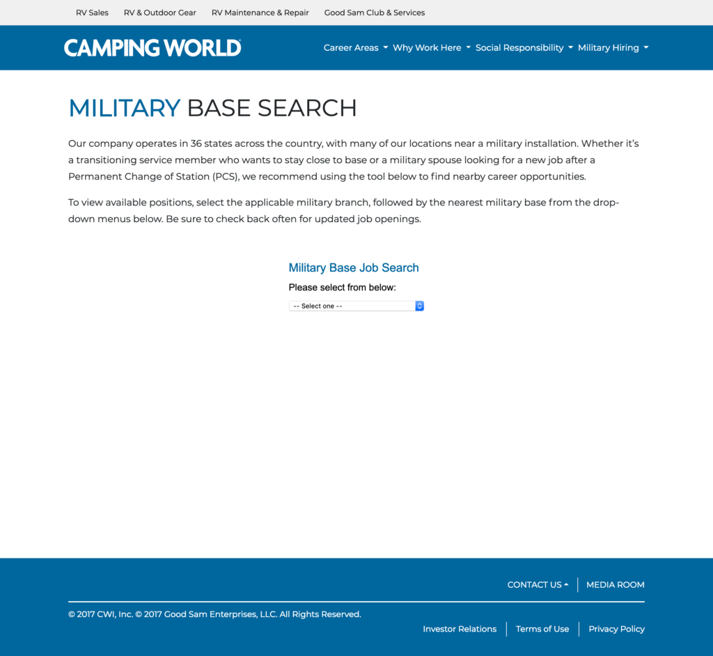 Camping World's military base job search site