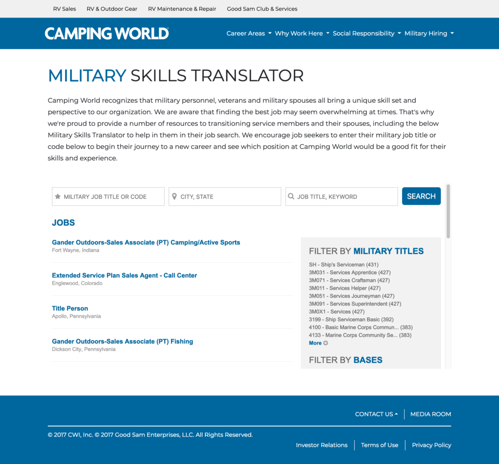 Camping World's military crosswalk job translation site