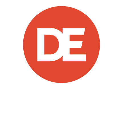 DirectEmployers 4-color stacked logo with white text on DE black background