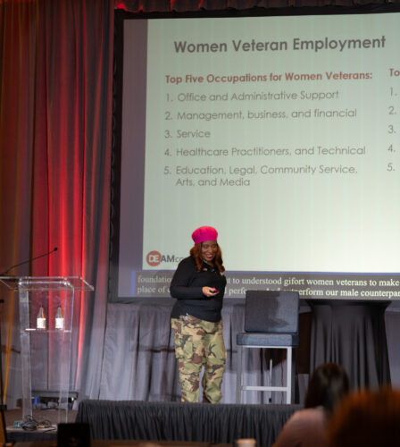 Founder of Women Veterans Interactive Ginger Miller on stage at DEAMcon25