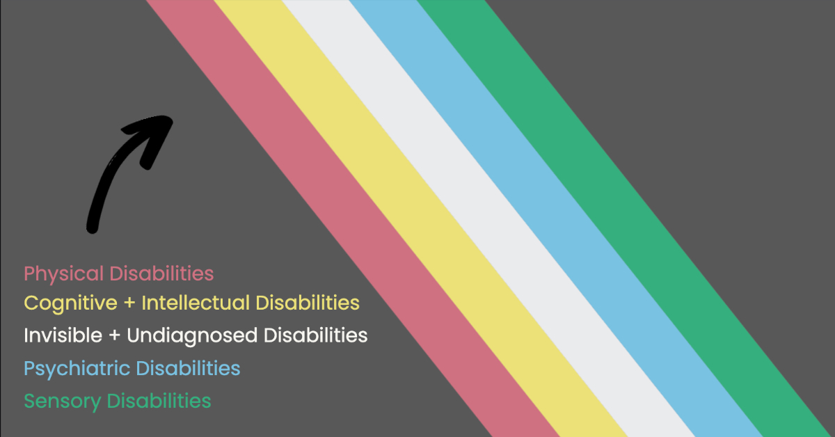 Disability Pride Flag, featuring a grey background and a rainbow pattern of colors representing physical disabilities (red), cognitive + intellectual disabilities (yellow), invisible + undiagnosed disabilities (white), psychiatric disabilities (blue), and sensory disabilities (green) 