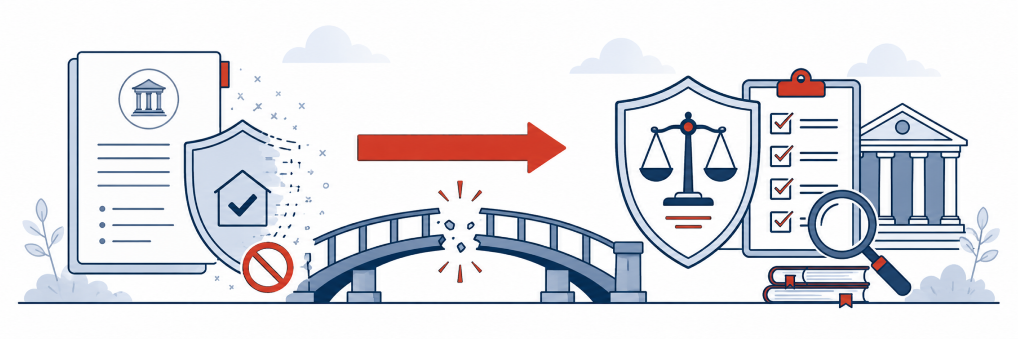 Conceptual illustration showing a shift away from old guidelines (left) across a broken bridge (center) toward new legal compliance standards with a scales of justice shield and checklist (right).