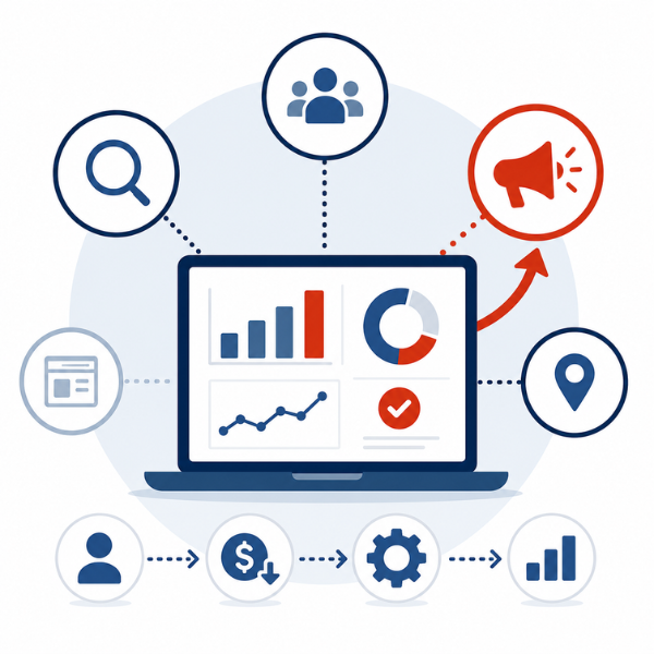 Programmatic job advertising dashboard showing recruitment optimization, applicant flow, cost efficiency, and performance reporting.