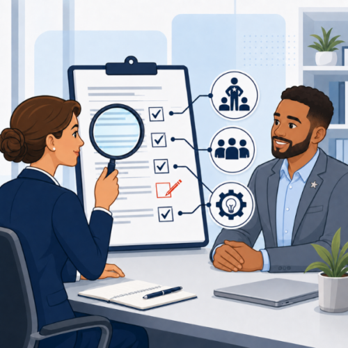 Hiring professional reviews job requirements, matching a veteran candidate’s transferable skills with relevant qualifications.