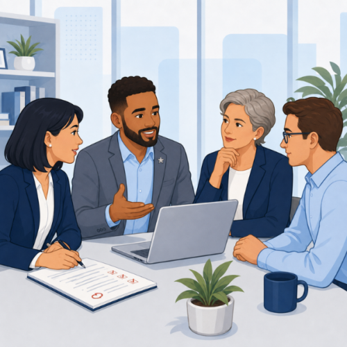 Veteran employee collaborates with colleagues during an inclusive workplace meeting.
