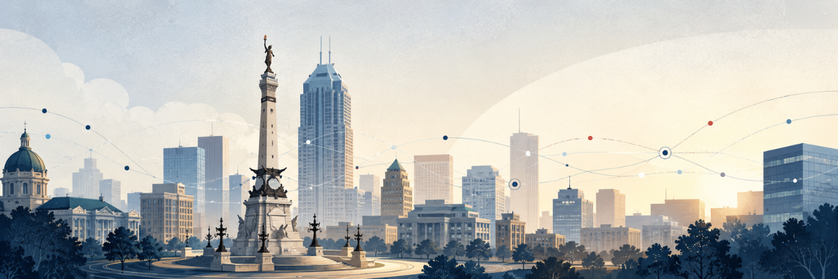 Indianapolis skyline and Monument Circle connected by lines representing the history and growth of online recruiting.