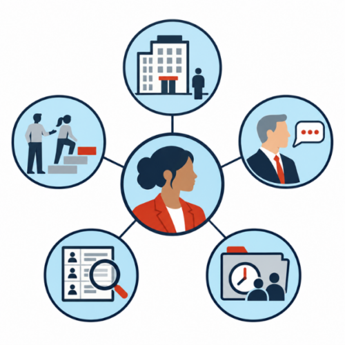 Employee connected to five icons representing organizational support, communication, recordkeeping, hiring review, and career growth.