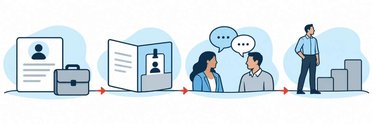 Connected scenes showing recruitment, onboarding, mentorship, and career advancement.