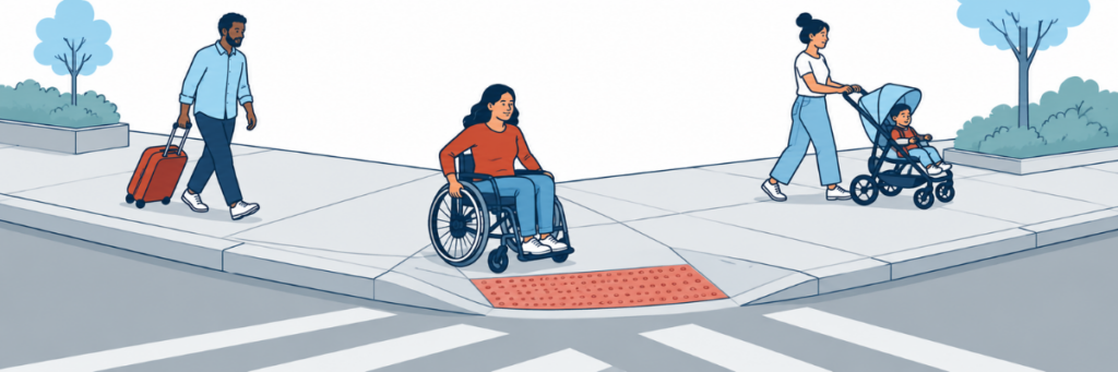 Wheelchair user at a curb ramp, with a traveler pulling luggage and a person pushing a stroller on the adjoining sidewalk.
