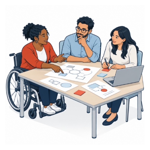 Three colleagues, including a wheelchair user, collaborate around a shared table, discussing design sketches and adding notes.