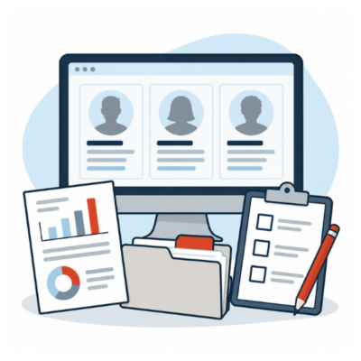 Hiring assessment software alongside a vendor report, policy folder, and inventory checklist.