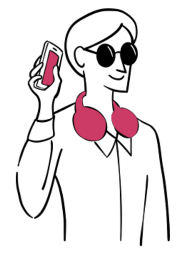 White background, featured illustration of a gentleman wearing dark classes, and pink headphones, while holding up his left hand which holds a cell phone