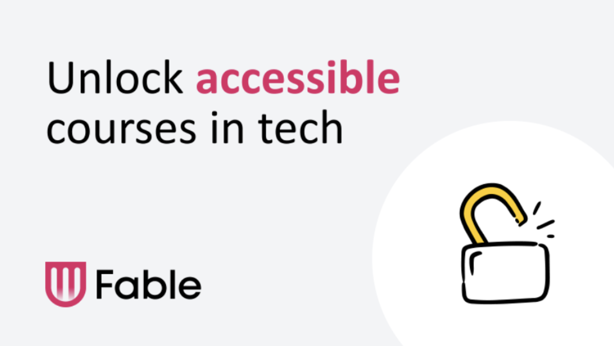 Light gray rectangle, featuring the text "Unlock accessible courses in tech" in the upper left corner, an open lock illustration in the bottom right corner outlined with a white circle