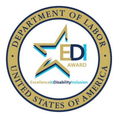 Official program medallion of the Department of Labor's Excellence in Disability Award featuring a centrally located star and the message EDI Award