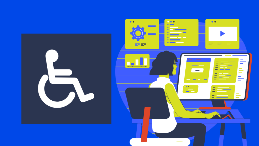 Illustration of accessible telework featuring the handicap symbol of a person in a wheelchair in a dark square on the left, and an illustration of a person conducting telework on a computer to the right