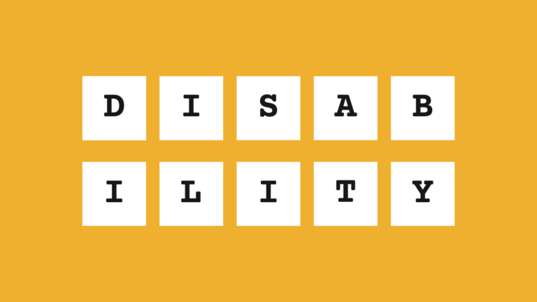 Yellow rectangle with two rows of five white boxes, each featuring a letter to spell out the word disability