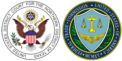 Official seals for the United States District Court for the Northern District of Texas and the Federal Trade Commission (FTC)