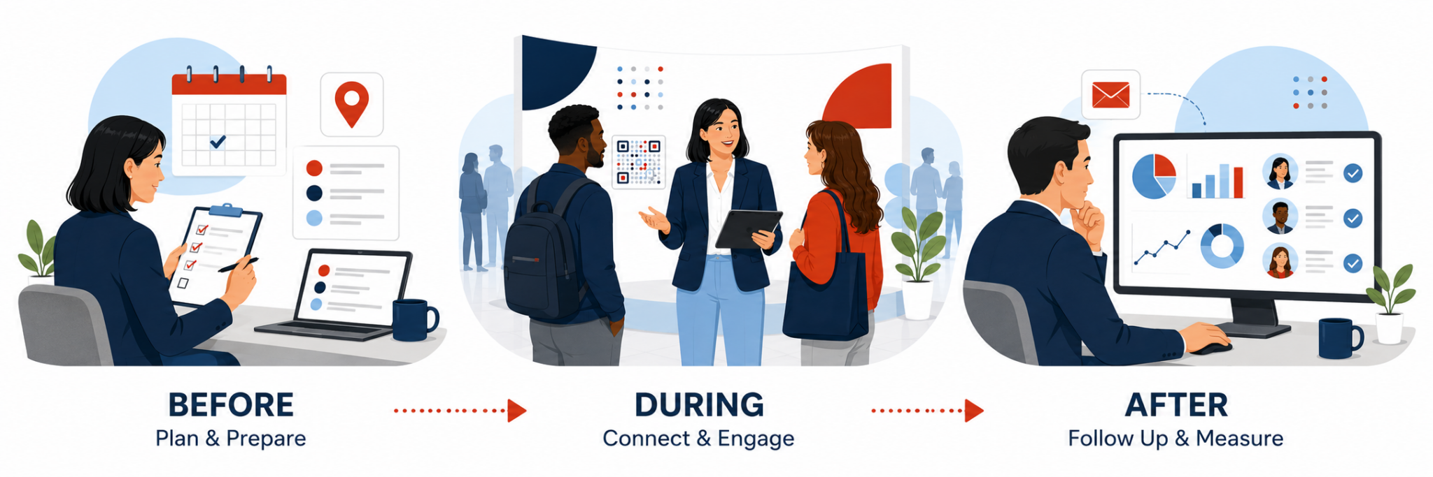 Three stages of career fair planning: prepare before the event, connect with candidates during it, and follow up and measure results afterward.