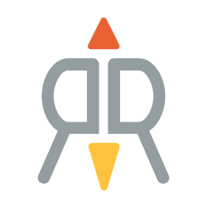 Logo for Recruit Rooster featuring two back to back R's and one orange triangle on top and one yellow upside down yellow triangle on bottom 