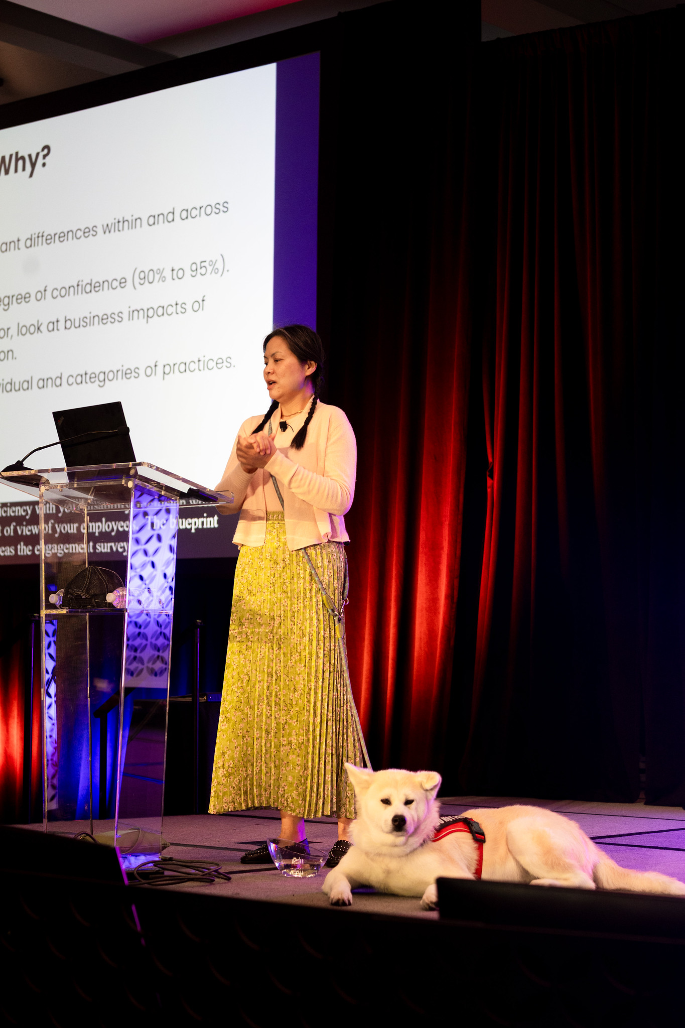 A woman presents at a podium on the DEAMcon stage with a service dog at her feet.