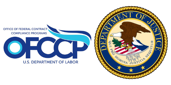 Official seals for the Office of Federal Contract Compliance Programs (OFCCP) and Department of Justice (DOJ)