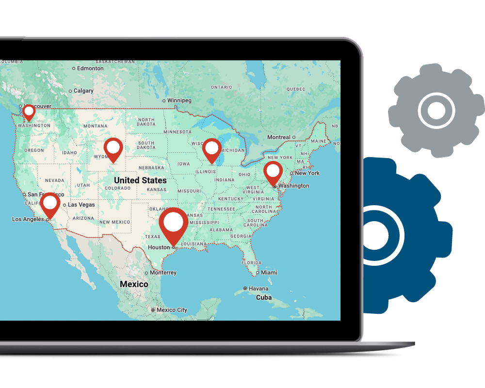 Computer screen showing a map of the United States with multiple pinned locations