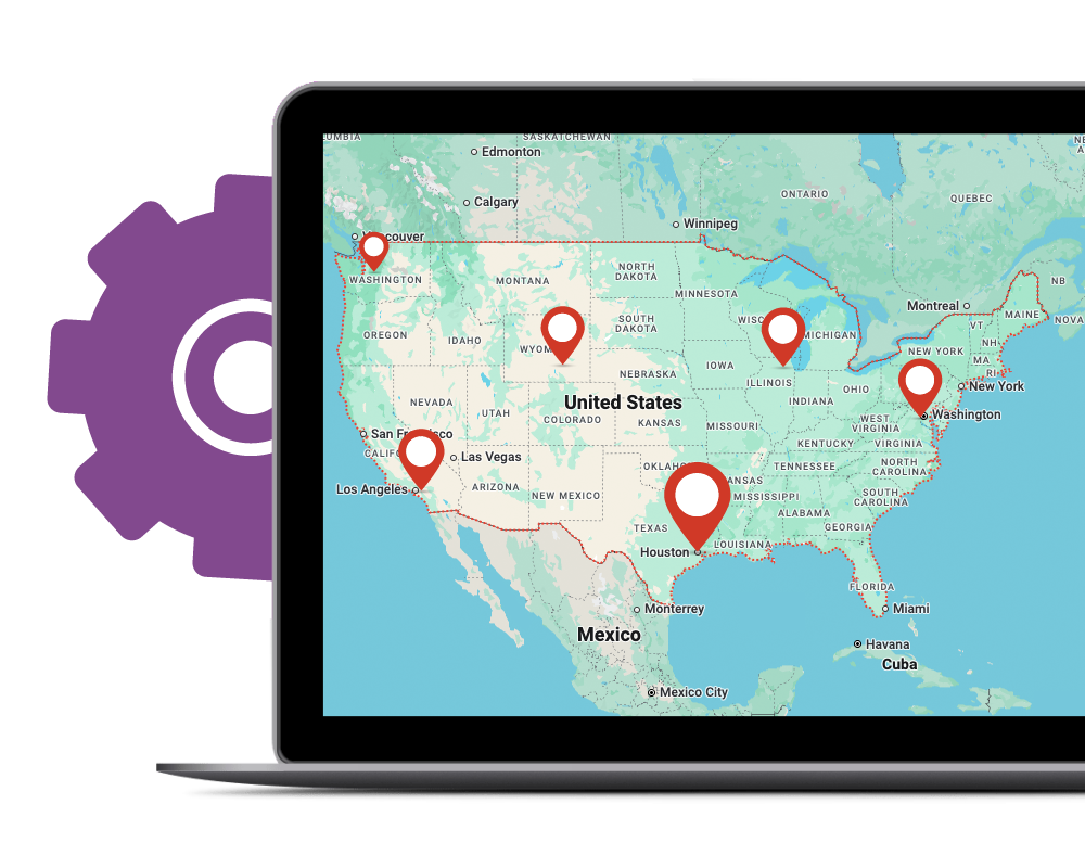 Computer screen showing a map of the United States with multiple pinned locations