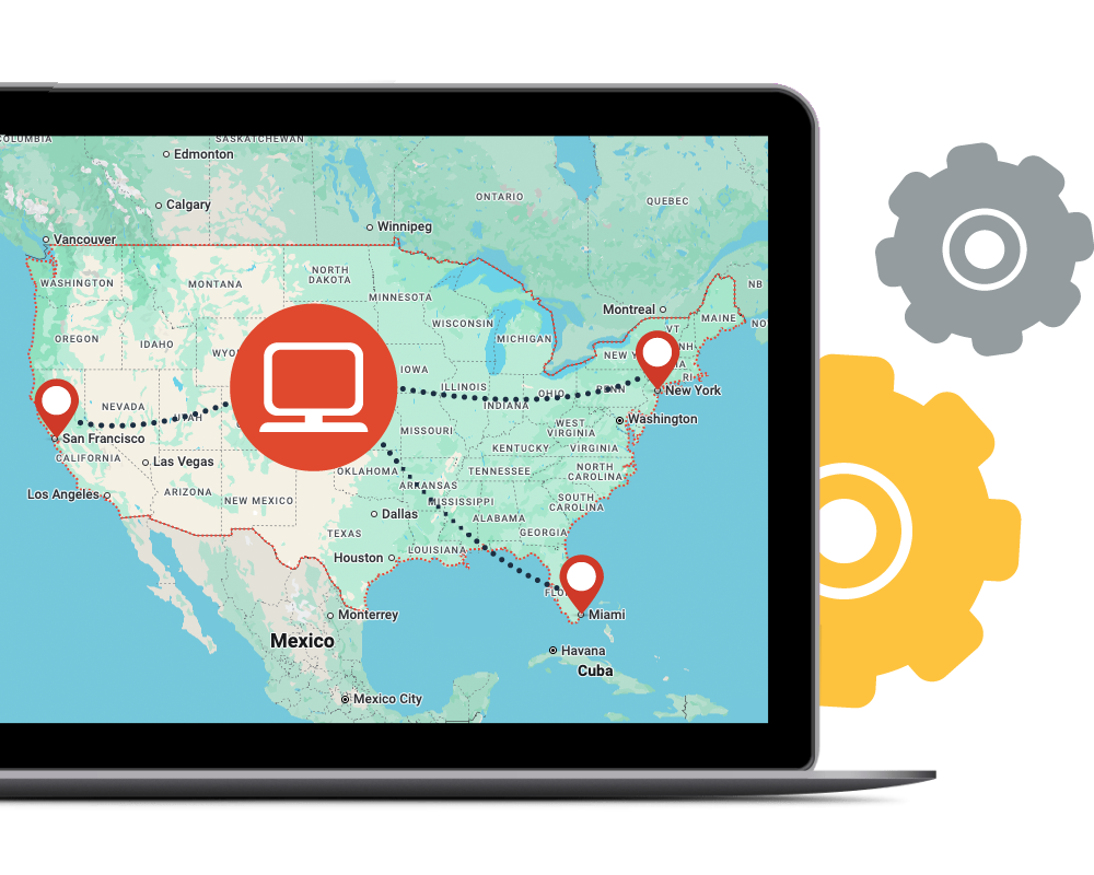 Computer screen showing a map of the United States with a computer circle icon in the middle and multiple pinned locations surrounding