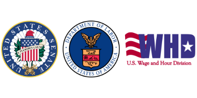 Official seals for the United States Senate, Department of Labor (US DOL), and the Wage and Hour Division (WHD)