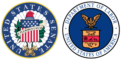 Official seals for the United States Senate and the United States Department of Labor (US DOL)
