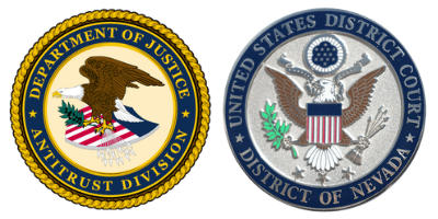 Official seals of the U.S. Department of Justice Antitrust Division and the U.S. District Court's District of Nevada