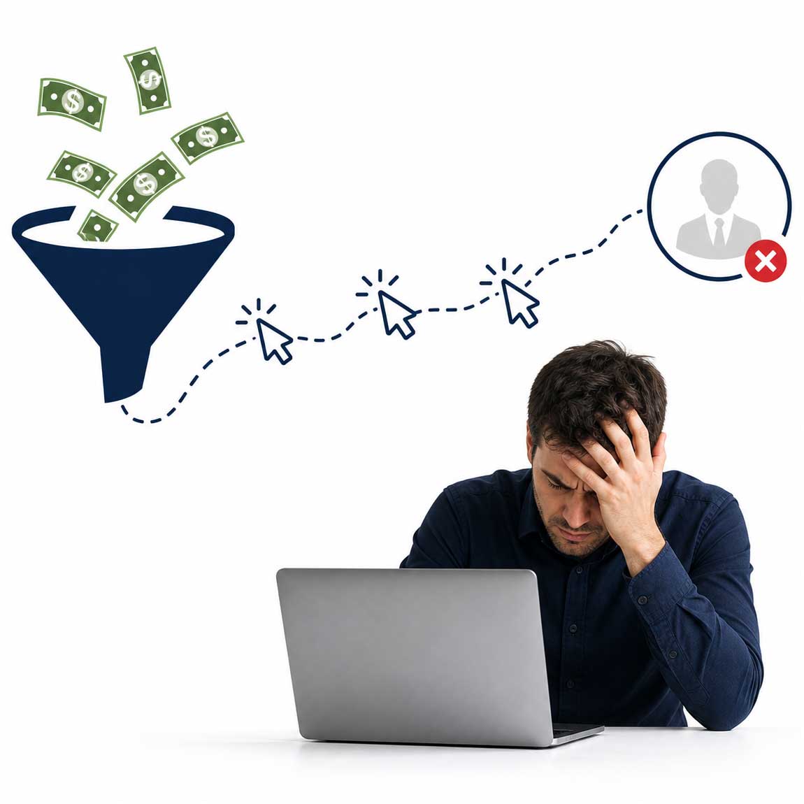 Frustrated recruiter working on a laptop as illustrated ad spend flows into clicks with no applicants, representing inefficient programmatic advertising.
