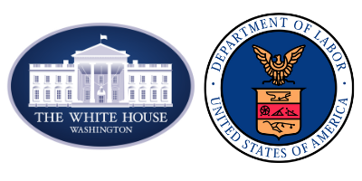 Official logos for the United States White house, featured a blue oval shape and intricately detailed illustration of the White House in Washington, DC with the text 'The House House' underneath, followed by the official seal for the U.S. Department of Labor with eagle and banner in the center, and the government agency's name curving around the top and bottom of the cirlcle