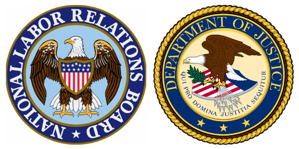 Official seals for the National Labor Relations Board (NLRB) and the Department of Justice (DOJ)